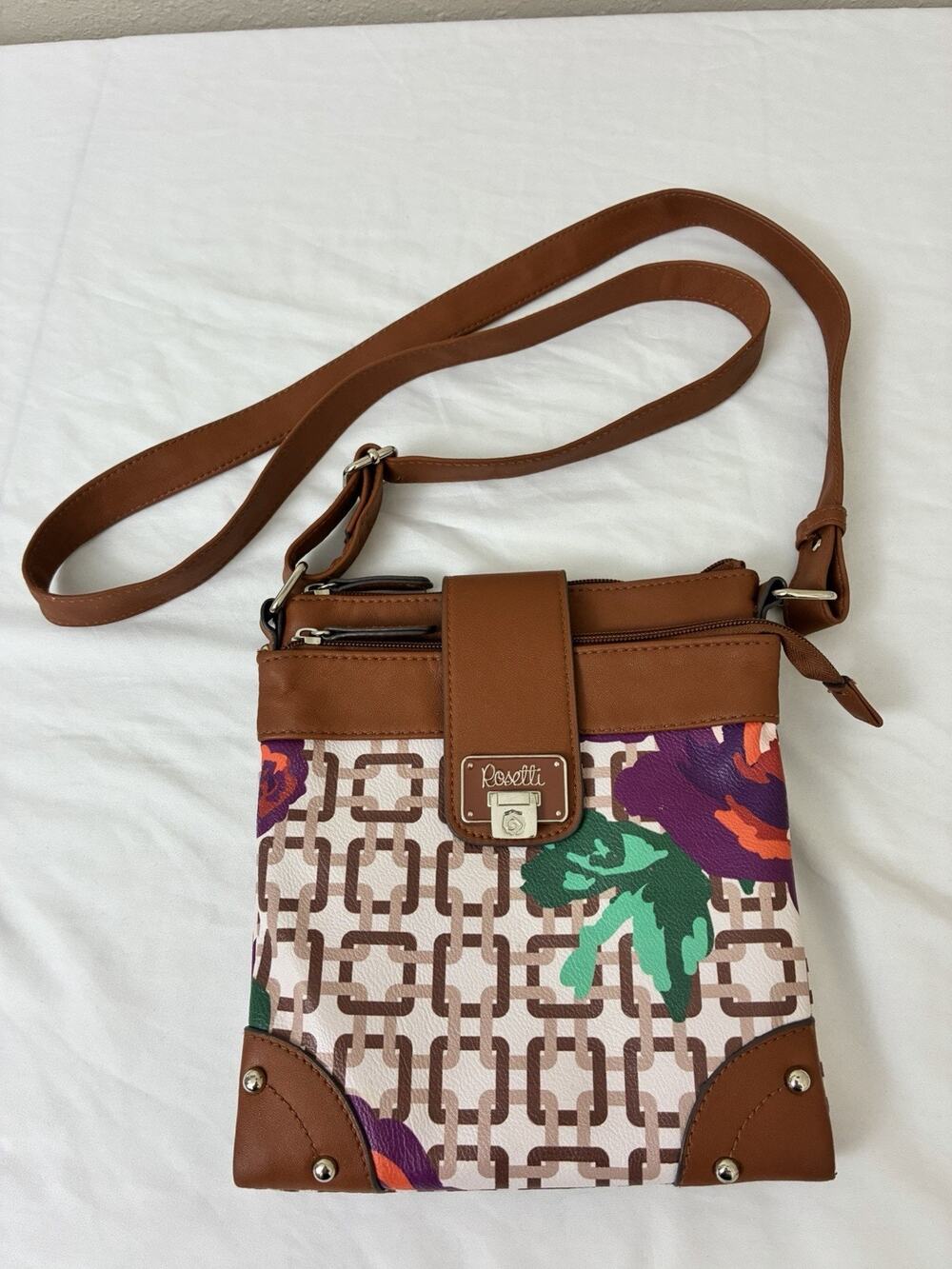 Rosetti Crossbody Handbag Women's Brown Faux Leather Shoulder Bag - EUC